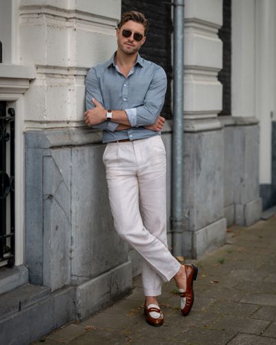 Faded Blue Shirt with Multicolor Loafers